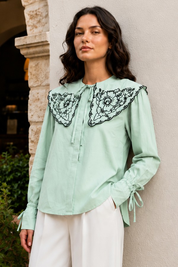 Nakışlı Bebe Yaka Gömlek S2088 Mint Yeşili