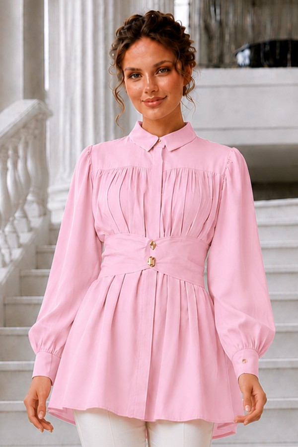 Geniş Kemerli Gömlek S0134 Pembe