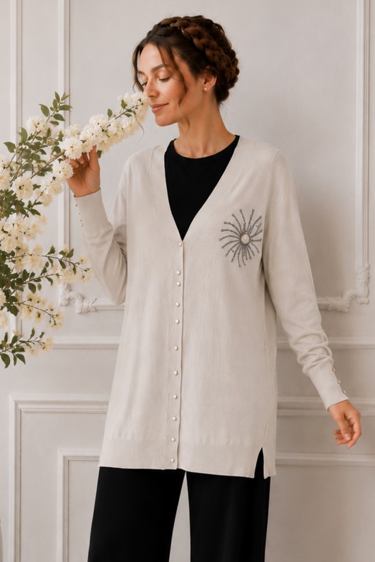 Yaka Detaylı Merserize Hırka N3362 Taş Rengi