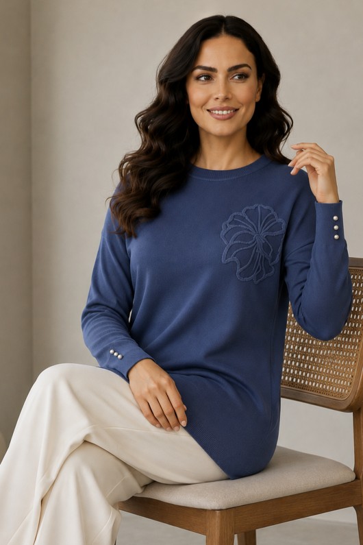 Çiçek Desenli Tunik N3303 İndigo