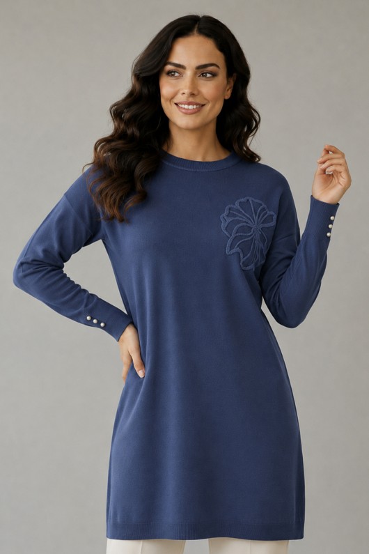 Çiçek Desenli Tunik N3303 İndigo