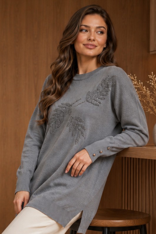 Desenli Merserize Tunik N3385 Gri