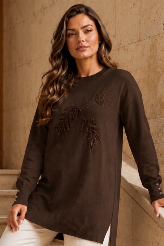 Desenli Merserize Tunik N3385 Kahverengi