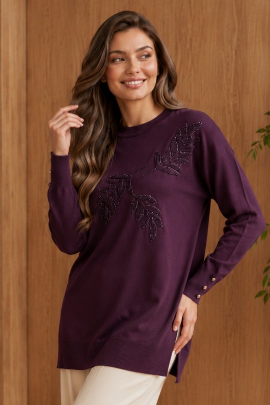 Desenli Merserize Tunik N3385 Mürdüm
