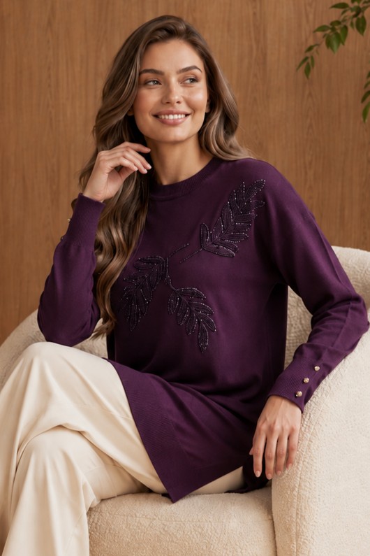 Desenli Merserize Tunik N3385 Mürdüm