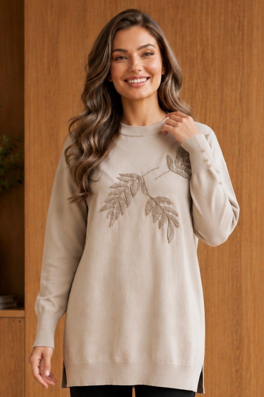 Desenli Merserize Tunik N3385 Taş Rengi