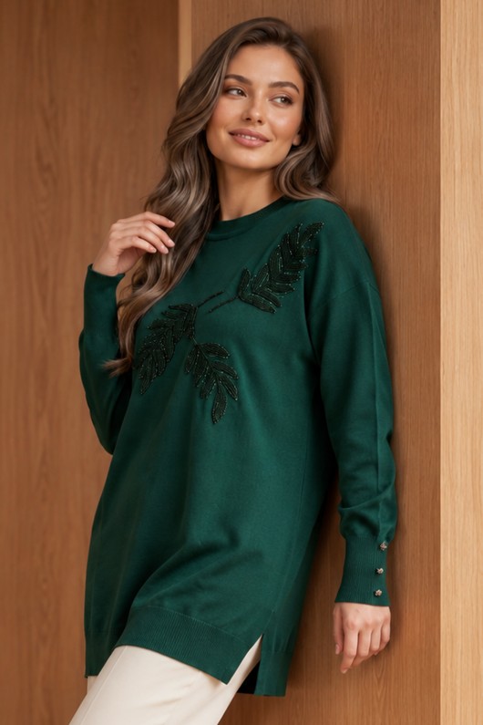 Desenli Merserize Tunik N3385 Zümrüt Yeşili