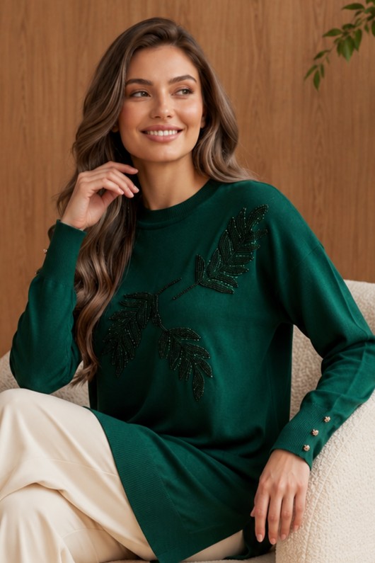 Desenli Merserize Tunik N3385 Zümrüt Yeşili