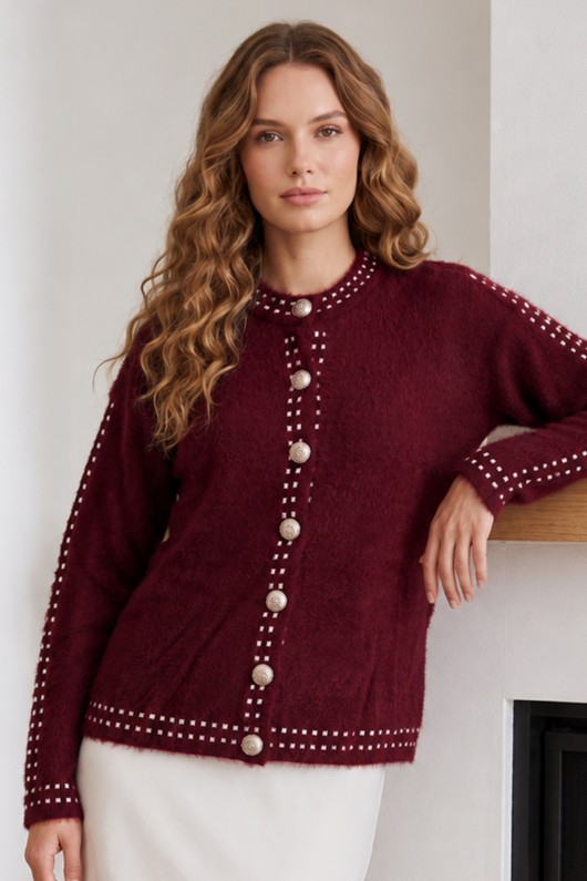 Düğmeli Triko Hırka N3326 Bordo