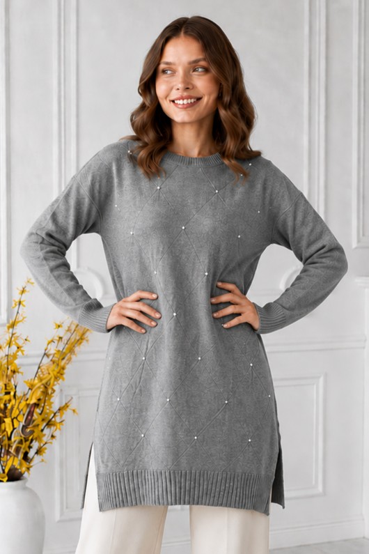 Taşlı Merserize Tunik N3225 Gri