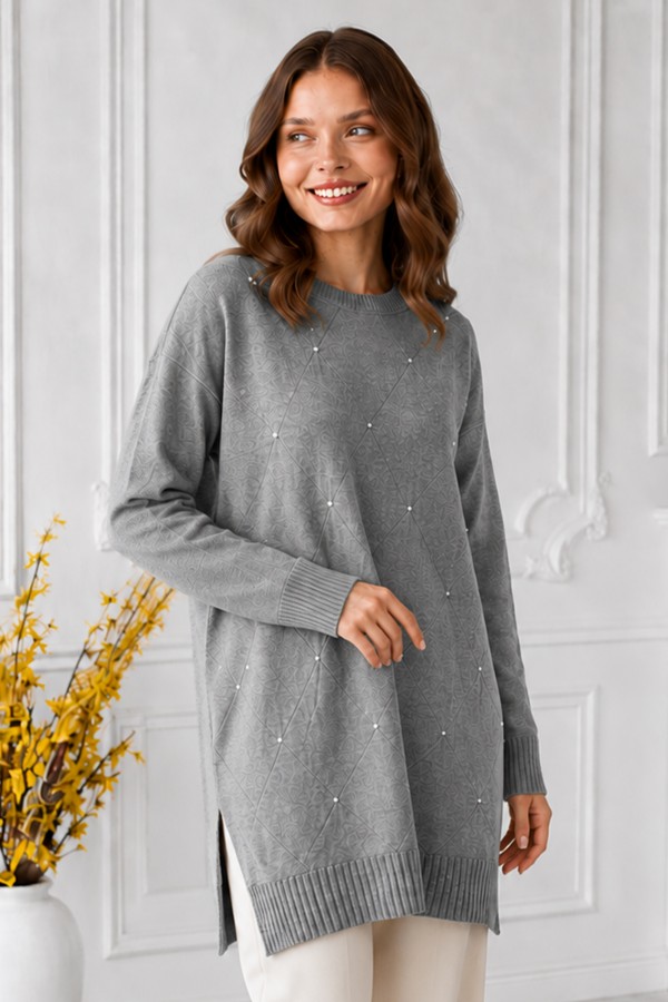Taşlı Merserize Tunik N3225 Gri
