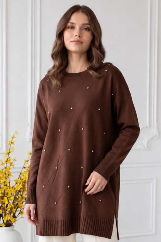Taşlı Merserize Tunik N3225 Kahverengi