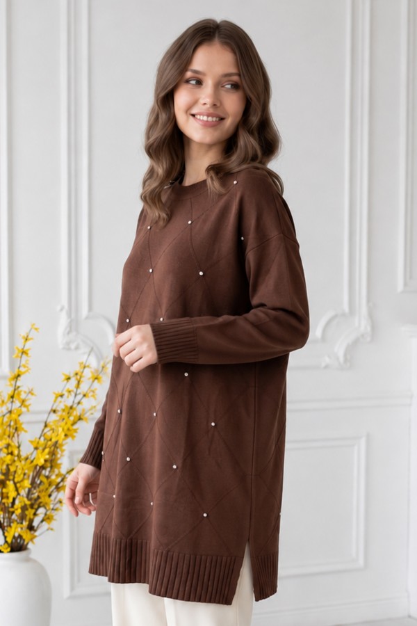 Taşlı Merserize Tunik N3225 Kahverengi Taşlı Merserize Tunik N3225 Kahverengi