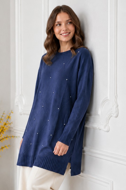 Taşlı Merserize Tunik N3225 Lacivert