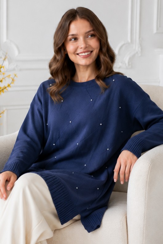 Taşlı Merserize Tunik N3225 Lacivert