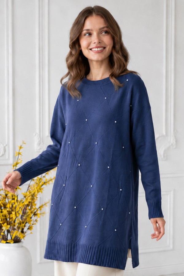 Taşlı Merserize Tunik N3225 Lacivert