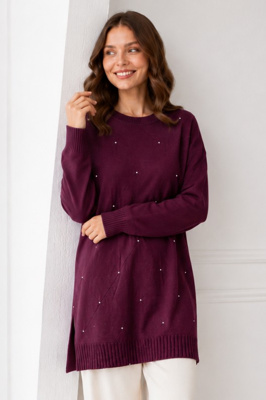 Taşlı Merserize Tunik N3225 Mürdüm