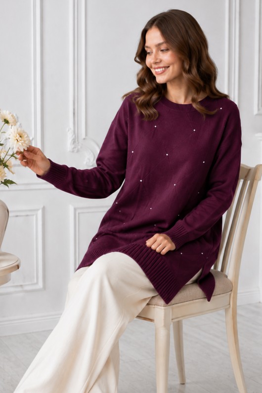 Taşlı Merserize Tunik N3225 Mürdüm