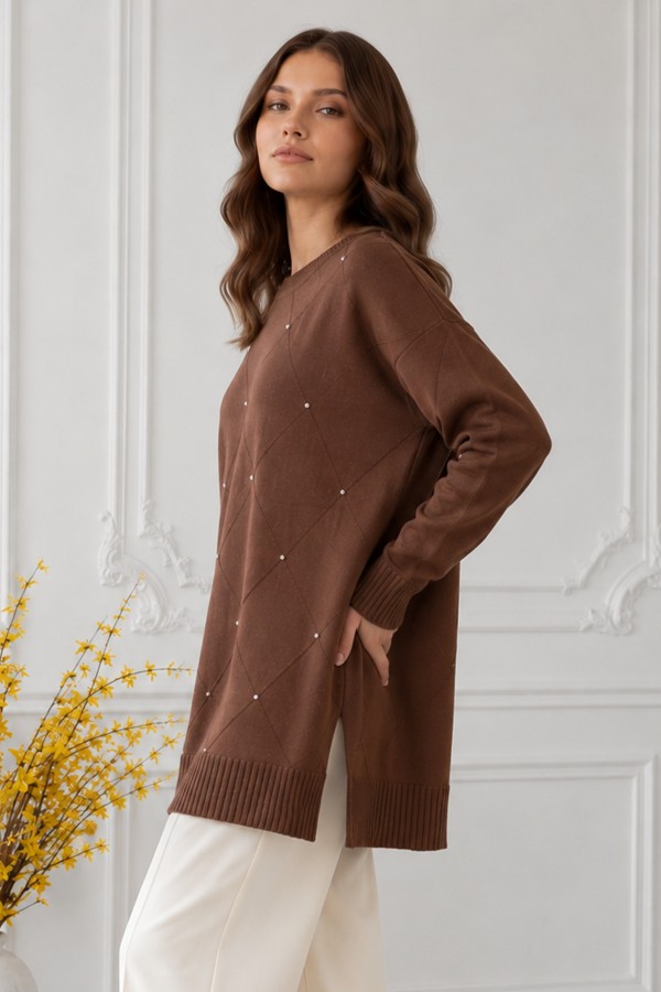 Taşlı Merserize Tunik N3225 Vizon