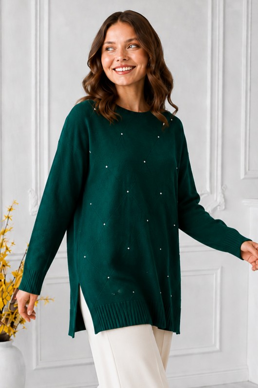 Taşlı Merserize Tunik N3225 Zümrüt Yeşili