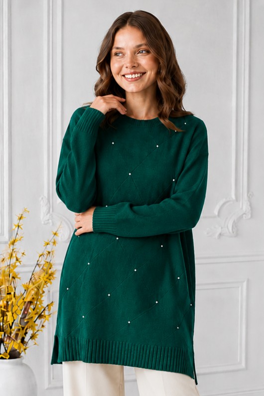 Taşlı Merserize Tunik N3225 Zümrüt Yeşili