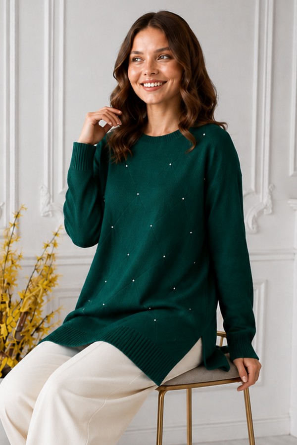 Taşlı Merserize Tunik N3225 Zümrüt Yeşili