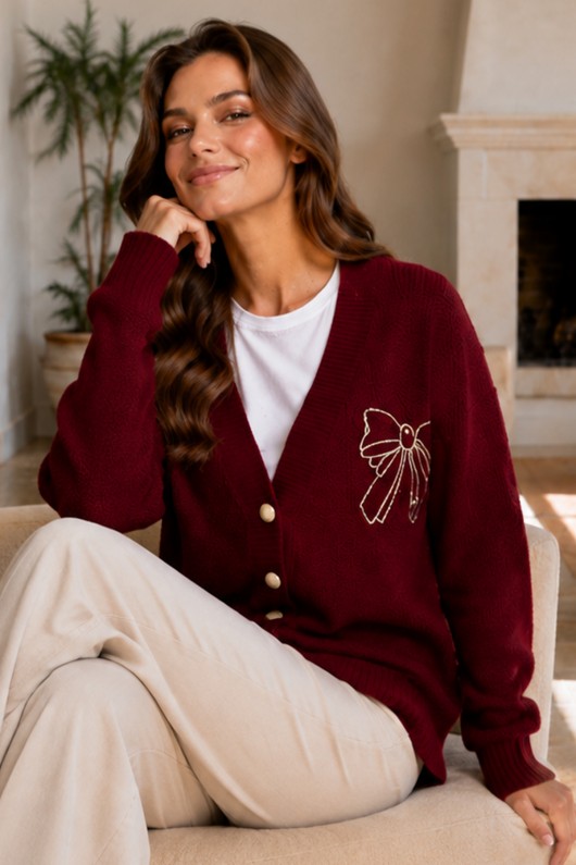 Fiyonk Nakışlı Triko Hırka N514 Bordo