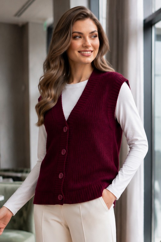 Düğmeli Triko Süveter N518 Bordo