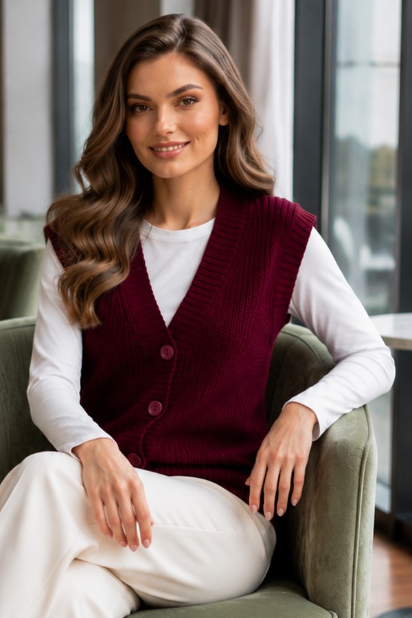 Düğmeli Triko Süveter N518 Bordo