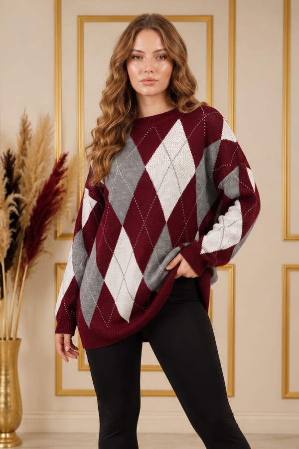 Baklava Desenli Triko Tunik R4508 Bordo
