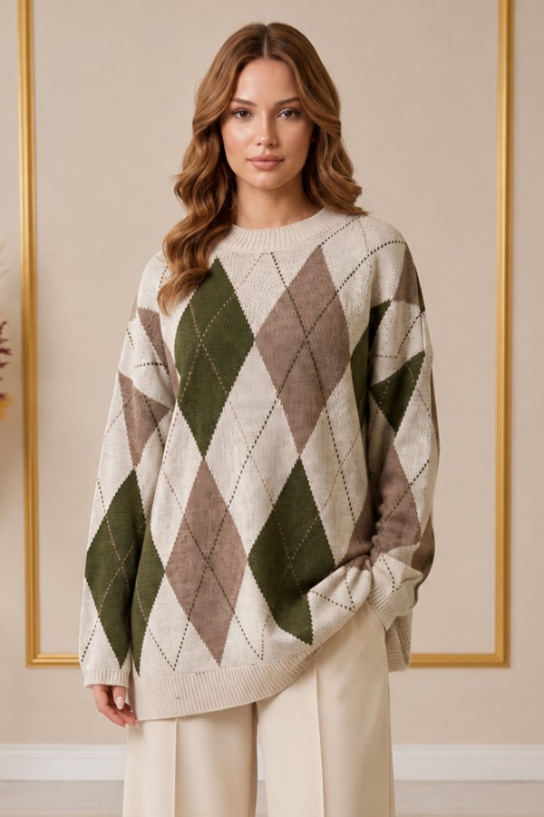 Baklava Desenli Triko Tunik R4508 Ekru