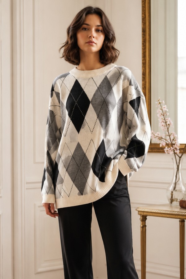 Baklava Desenli Triko Tunik R4508 Gri