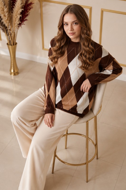 Baklava Desenli Triko Tunik R4508 Kahverengi