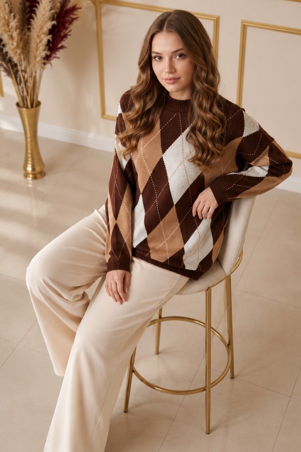 Baklava Desenli Triko Tunik R4508 Kahverengi