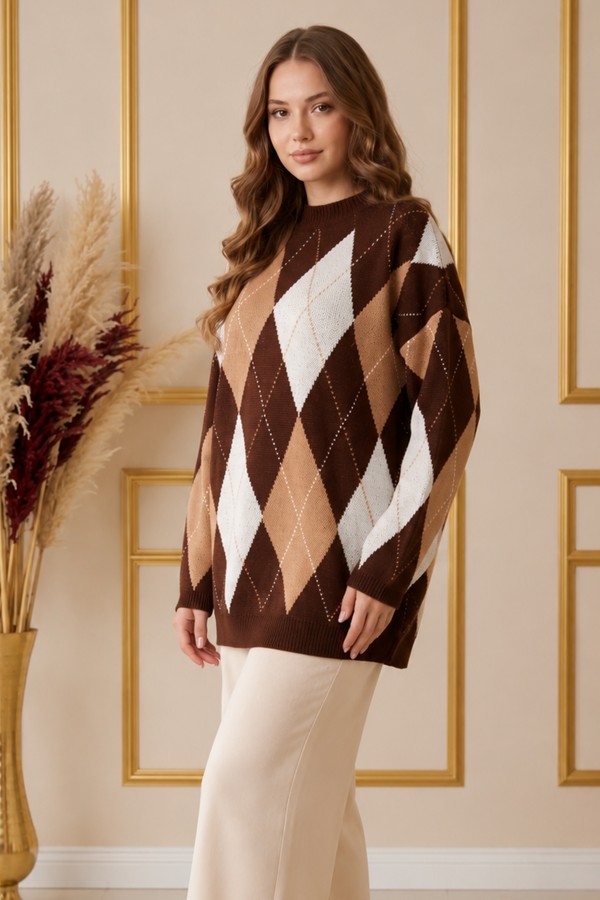 Baklava Desenli Triko Tunik R4508 Kahverengi