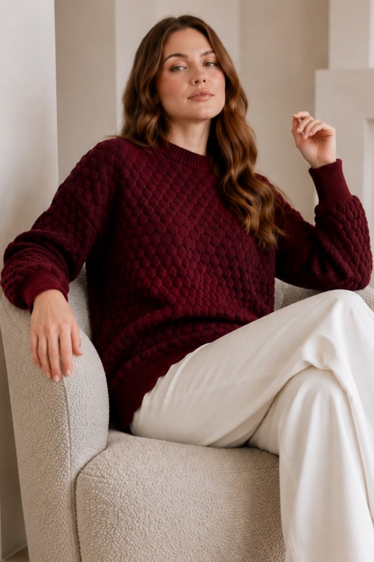 Kabartmalı Triko Kazak R4520 Bordo