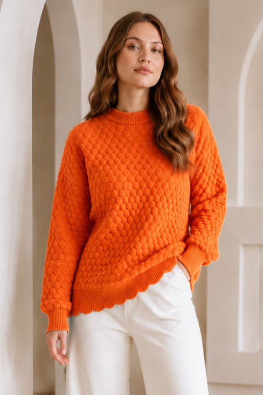 Kabartmalı Triko Kazak R4520 Oranj