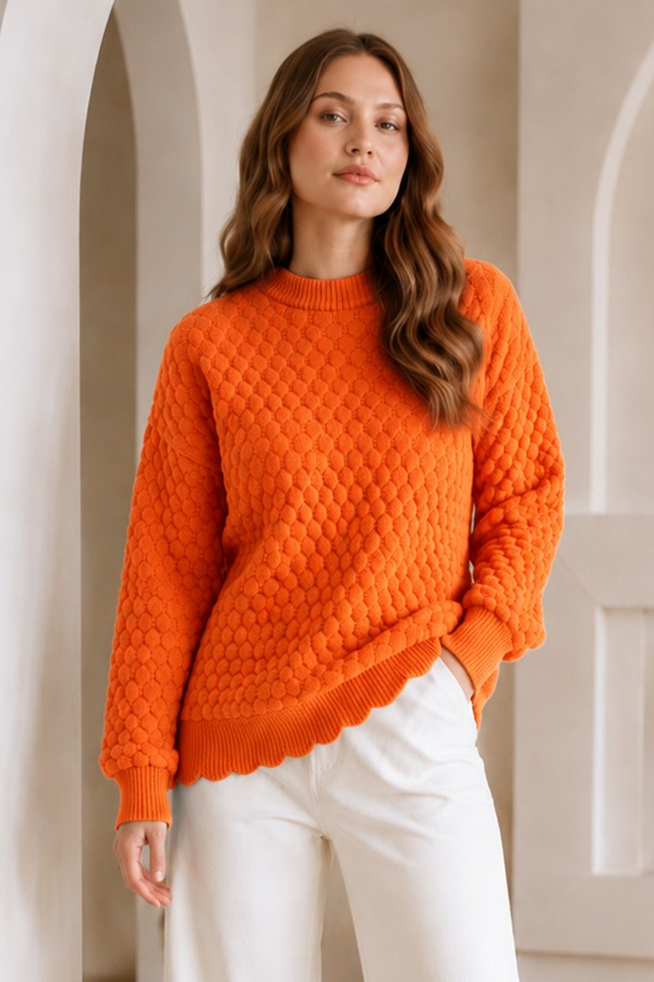 Kabartmalı Triko Kazak R4520 Oranj