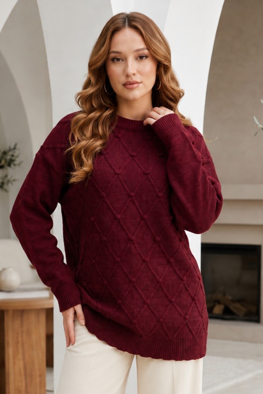 Desenli Triko Kazak R4514 Bordo