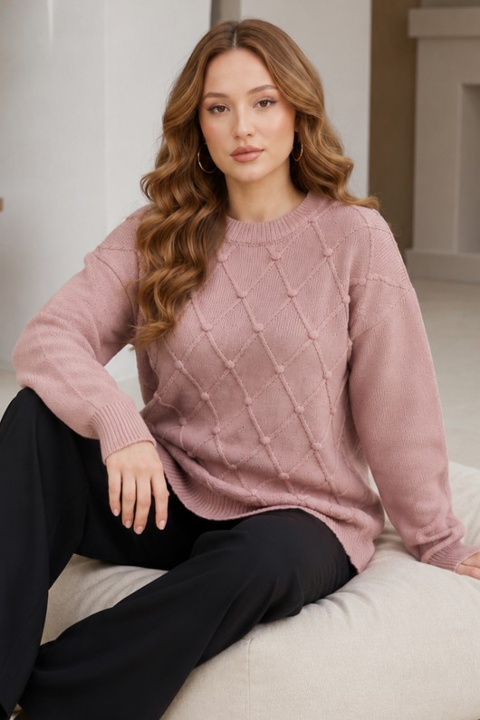 Desenli Triko Kazak R4514 Gül Kurusu