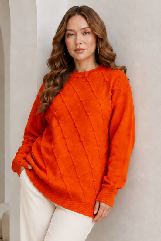 Desenli Triko Kazak R4514 Oranj