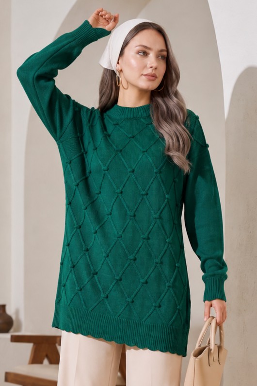 Desenli Triko Kazak R4514 Zümrüt Yeşili