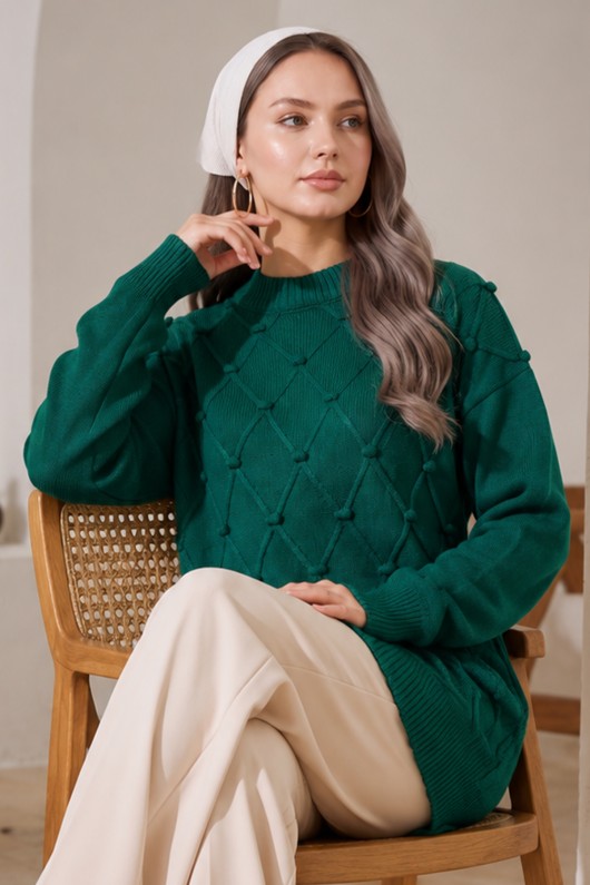 Desenli Triko Kazak R4514 Zümrüt Yeşili