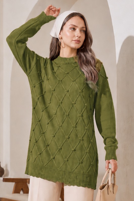Desenli Triko Kazak R4514 Yağ Yeşili