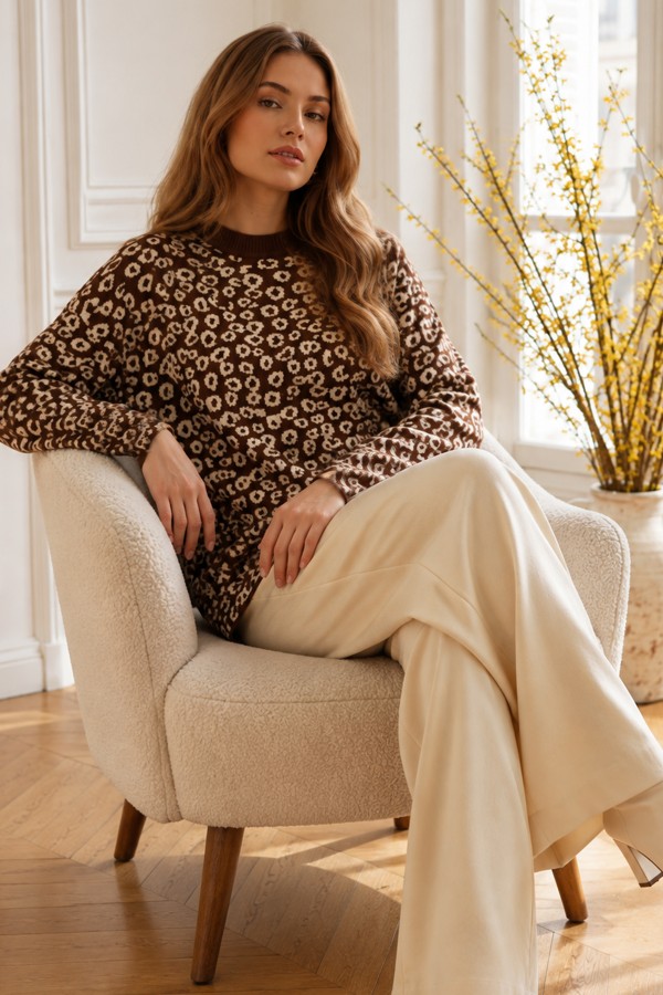 Leopar Desenli Tunik R7185 Kahverengi