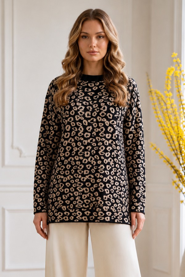Leopar Desenli Tunik R7185 Siyah