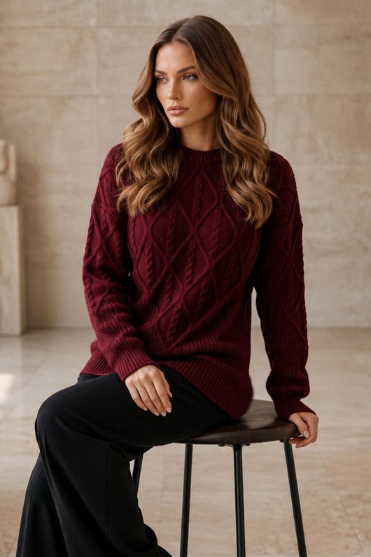 Örgü Desenli Triko Kazak R4510 Bordo