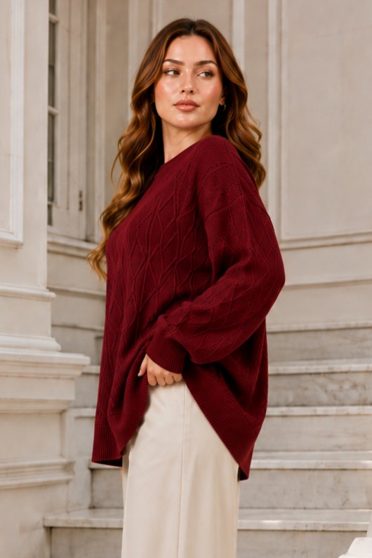 Örgü Desenli Triko Tunik R4484 Bordo