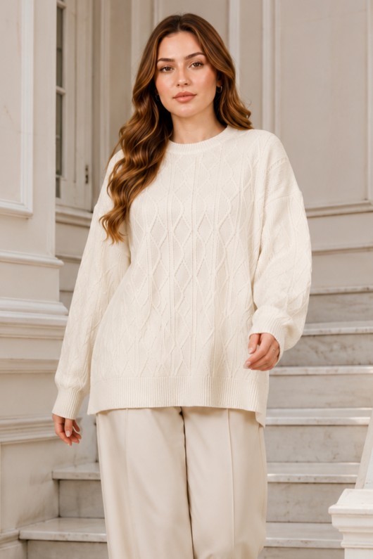Örgü Desenli Triko Tunik R4484 Ekru