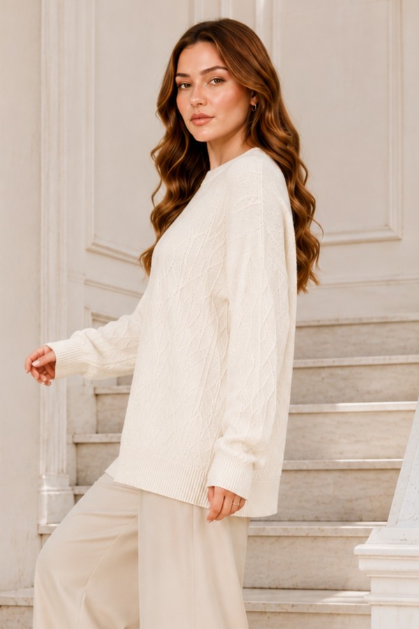 Örgü Desenli Triko Tunik R4484 Ekru